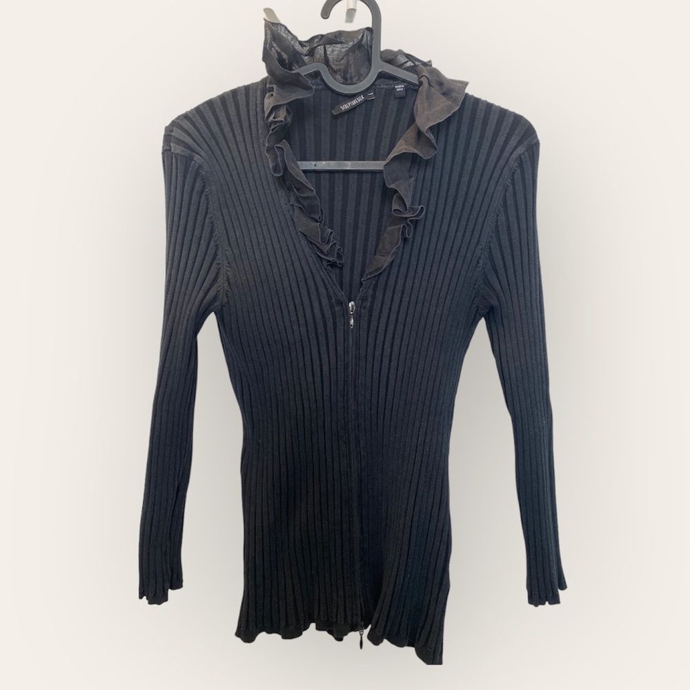 NWOT: Sculpture Silk Large Ruffle Black Zip Up Sweater